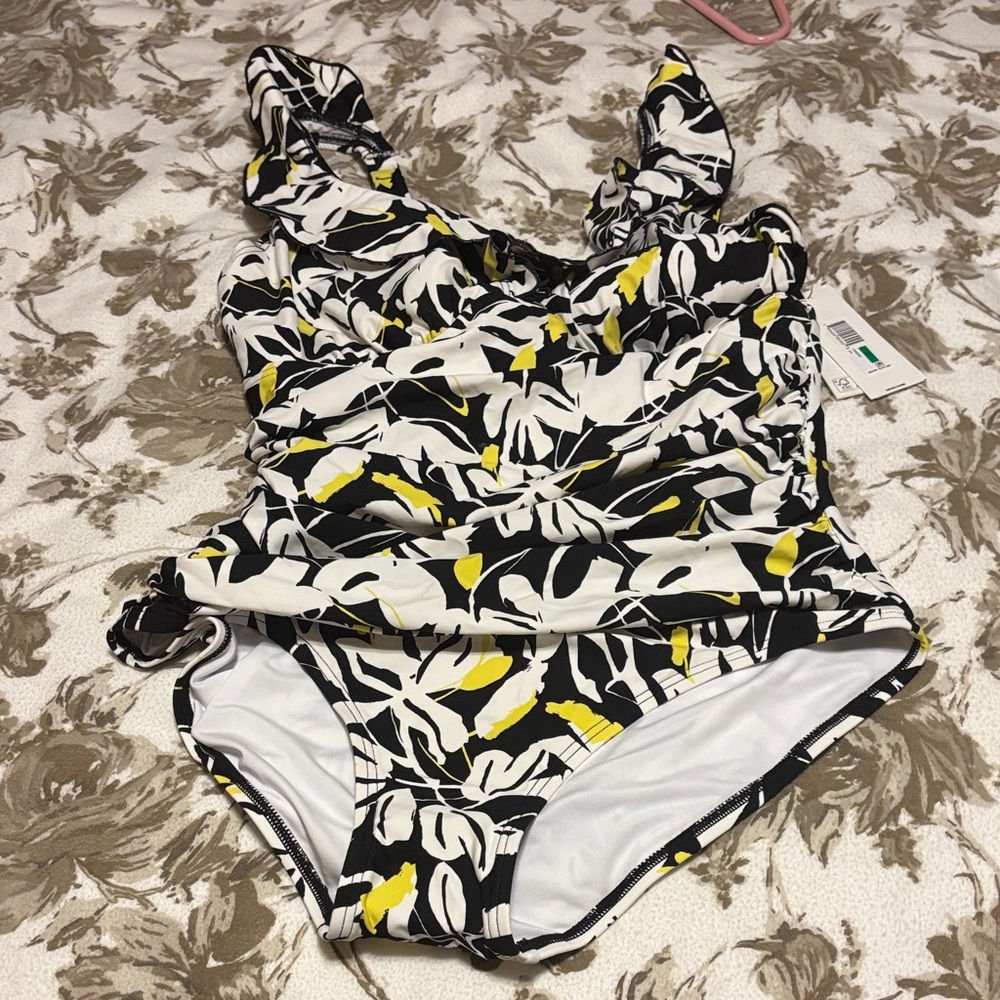 DKNY Black and White Floral One Piece Swimsuit